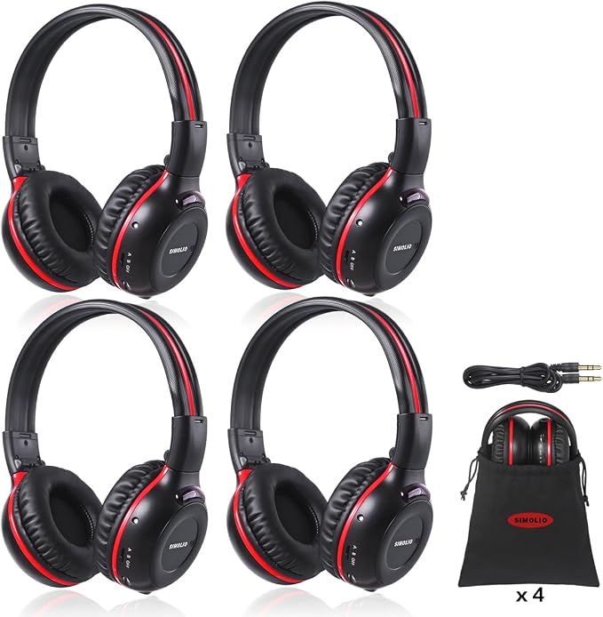 SIMOLIO Two Channel Infrared Headphones for Honda Odyssey, Pilot, uConnect VES, Chrysler Pacifica, Town and Country, GMC Yukon, Nissan Armada, IR Wireless Headphones for Car DVD Player Kids, 4 Pack