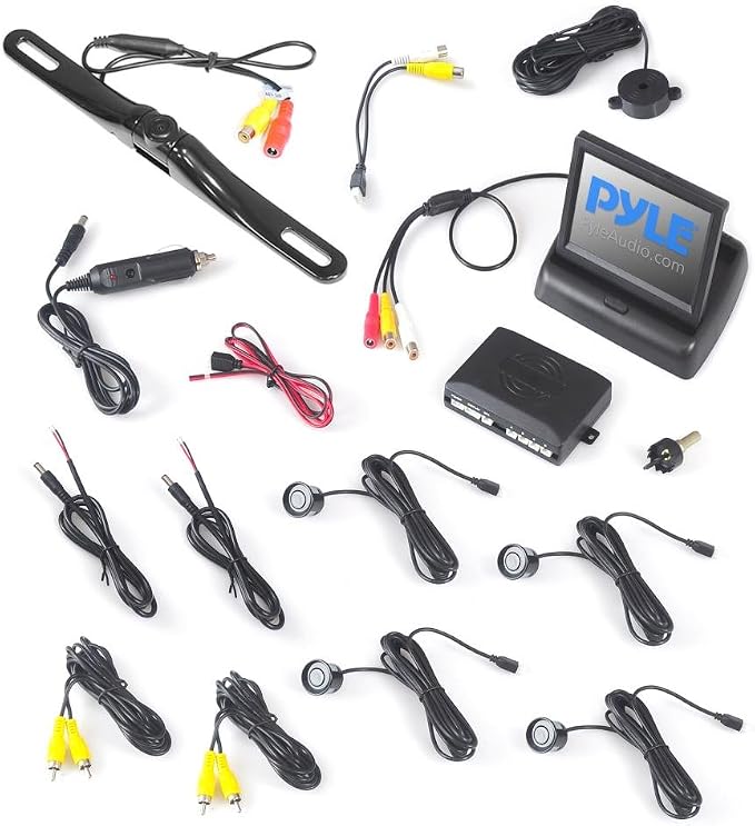 Pyle Backup Rear View Car Camera Monitor Screen & Alarm Parking Sensors System Reverse Safety Distance Scale Lines, Waterproof Night Vision Angle, 4.3" LCD Video Display for Vehicles - (PLCMPS48)