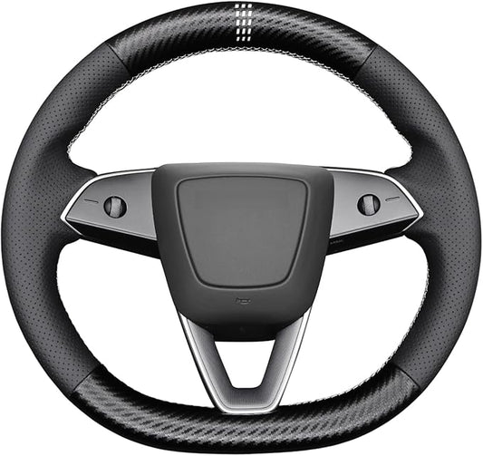MEWANT Hand Stitched Matte Carbon Fiber&PU Leather Steering Wheel Cover Wrap for Tesla Model 3 Highland 2023 2024 2025 Steering Wheel Accessories