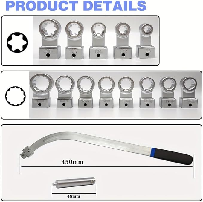 15PCS Universal Serpentine Belt Tensioner Tool Kit - 12-Point 12-19mm (0.47"-0.74") Wrench Set for Timing Belt Pulley Removal, Engine Nut Bolt Screw Remover