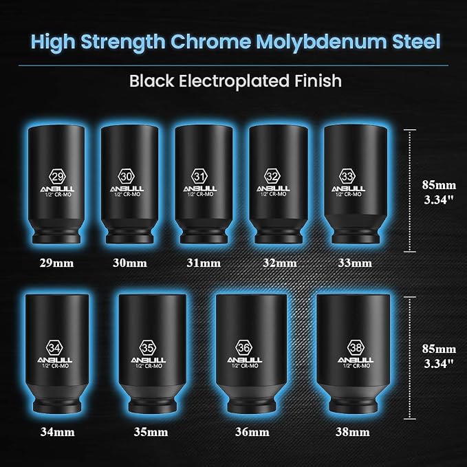Anbull 1/2" 9 PCS Deep Axle nut Impact Socket Set, CR-Mo Steel, 12-Point Design, Metric Sizes(29, 30, 31, 32, 33, 34, 35, 36, 38mm)