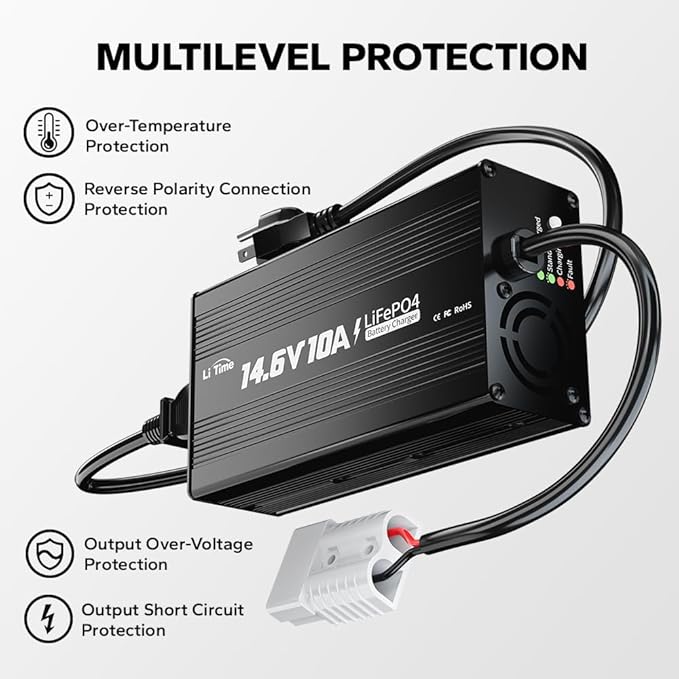 LiTime 10 Amp Lithium Battery Charger 14.6V AC-DC LiFePO4 Lithium Battery Charger with Anderson Connector LED Indicator Charger Special for Deep Cycle Rechargeable Batteries of Car, Truck, Boat, RV