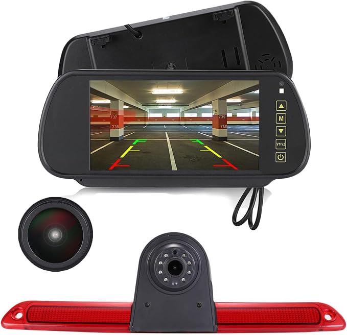 18mm HD Car Third Roof Top Mount Brake Light 3 Rear View Camera Parking Safety Assistant System, Night Vision for VW Crafter Caravelle/Mercedes Benz Sprinter W906 (with 7-inch Rearview Mirror)