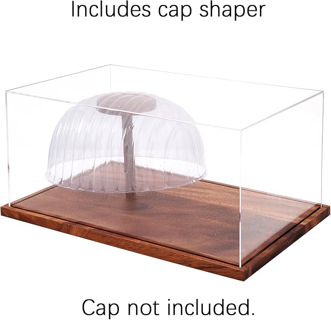 LITY Hat Display Case, No Assembly Required Clear Acrylic Baseball Cap Stand, UV Protection Signed Hat Transparent Showcase, Cap Display Box with Solid Wood Base Risers & Hat Shaper