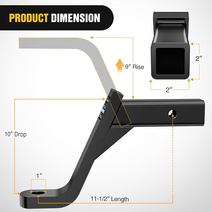 Nilight Trailer Hitch Ball Mount 10" Drop, 9" Rise, 1" Ball Hole fits 2" Receiver with 5/8" Hitch Pin, 7500 lbs GTW Heavy Duty Tow Hitch