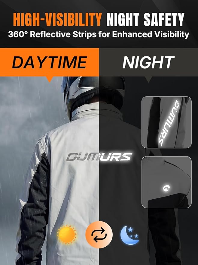 Oumurs Men's Motorcycle Rain Suit Waterproof Jacket & Pants with Reflective Strips, Breathable Mesh Lining Riding Raincoat