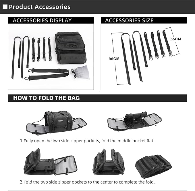 Rhinowalk Motorcycle Saddle Bag Motorbike Tail Bag Waterproof Expandable Pannier Bag Powersports Travel Luggage 33-45L (Black)