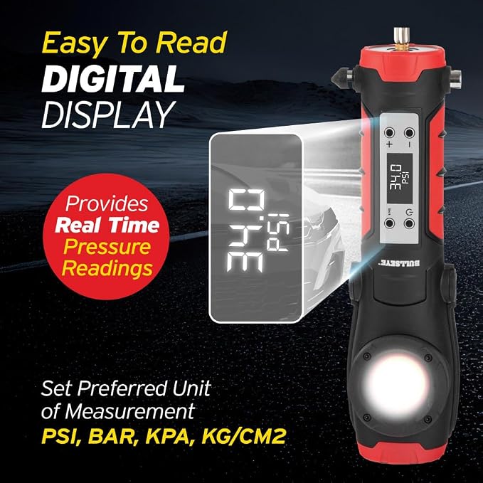 BIONIC Car Tire Inflator Portable Air Compressor with LED Road Flare, Work Light, & Window Breaker, 1500MAH Air Pump with Pressure Gauge, Emergency Lights for Vehicles, Rechargeable (120 PSI)