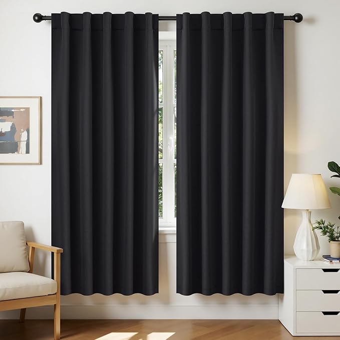 Joydeco 72 Inch Blackout Curtains for Bedroom, Black Out Curtains 72 Inch Long, Room Darkening Curtains & Drapes for Living Room Window Rod Pocket Back Tab (W52 x L72 Inch, Black)