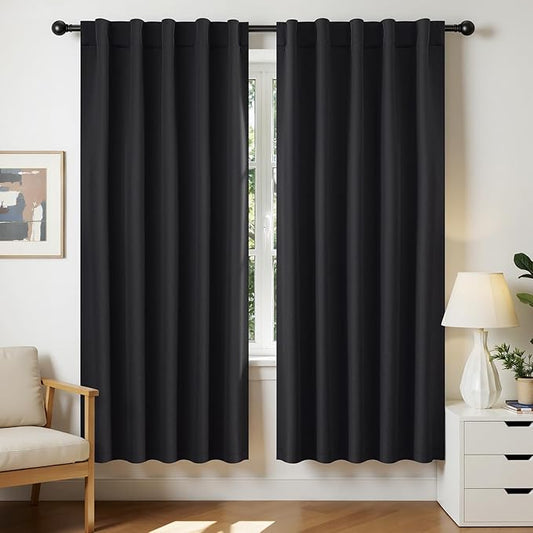 Joydeco 72 Inch Blackout Curtains for Bedroom, Black Out Curtains 72 Inch Long, Room Darkening Curtains & Drapes for Living Room Window Rod Pocket Back Tab (W52 x L72 Inch, Black)