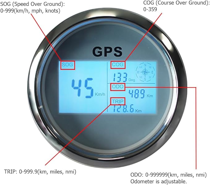 85mm 3 3/8" Boat Waterproof Digital GPS Speedometer MPH KM/H ODO COG Trip with 7 Backlights 12VDC 24V for Motorbike Boat Truck Racing Car (White&Silver)