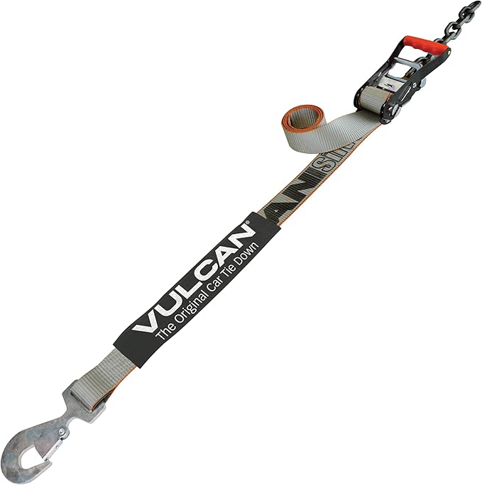 VULCAN Car Tie Down with Chain Tail Ratchet - Snap Hook - 96 Inch - Silver Series - 3,300 Pound Safe Working Load