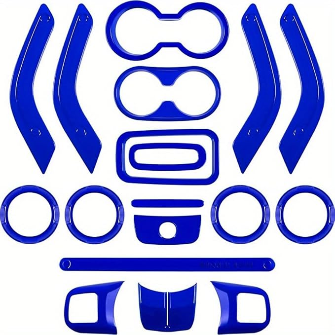 18 PCS Full Set Interior Decoration Trim Kit Steering Wheel Center Console Door Handle Air Conditioning Vent Cup Holder Gear Cover Trim for Jeep for Wrangler JK JKU 2011-2018 4-Door (Red) (Blue)