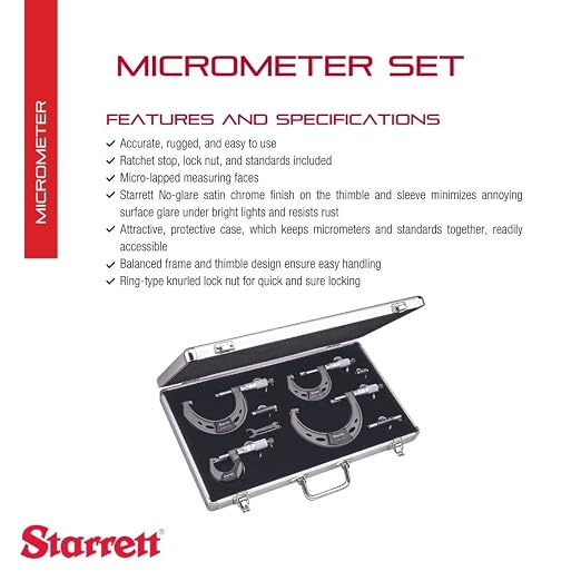 Starrett Outside Micrometer Set with Ratchet Stop, Ring-Type Knurled Lock Nut and Satin Chrome Finish - Quick and Easy Adjustment, 0-4" Set Range, .0001" Graduations - ST444.1BXRLZ