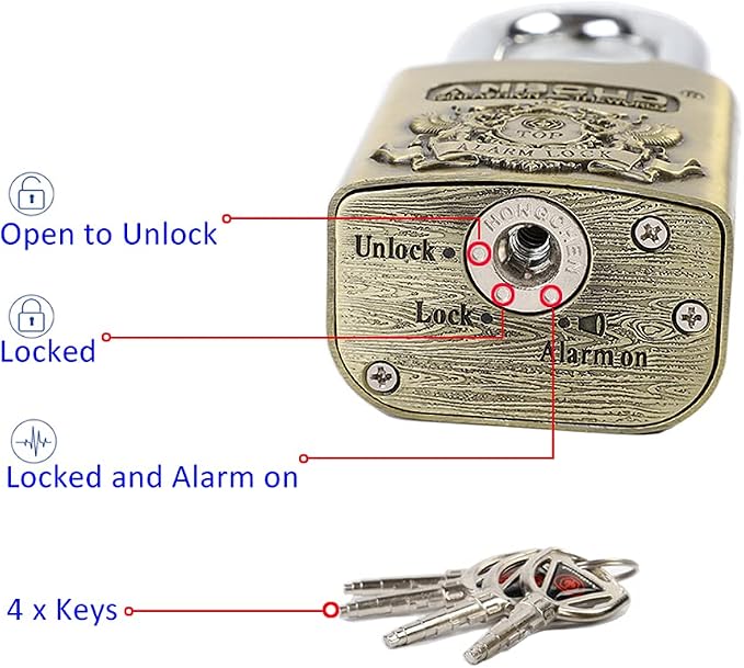 Alarm Padlock - Anti-Theft Heavy Duty Security Alarm Lock - 120db Alarm Sound - Weather Proof for Door Storehouse Truck with 4 Keys (10mm) Bronze