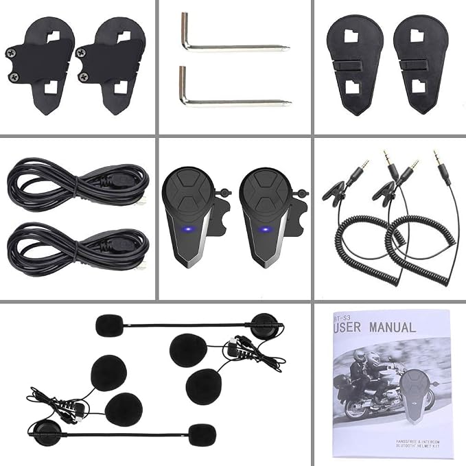 Motorcycle Bluetooth Headset, BT-S3 Bluetooth 5.0 1000M Helmet Intercom Headset up to 3 Riders for Ski/ATV/Dirt Bike/Racing/Climbing(Dual)