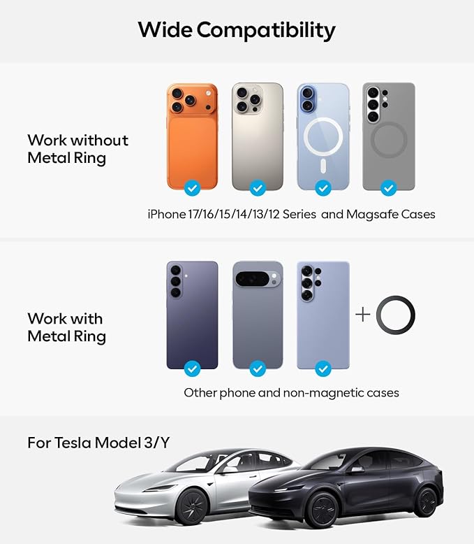 Wigoo Tesla Phone Mount [OEM-Style, Strongest Magnet] 360° Rotation Foldable Hidden Phone Holder for Tesla Model 3/Y/X/S, for Magsafe iPhone 17-12 Series, Tesla Model Y Model 3 Accessories