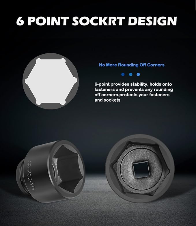 3/4" Drive Spindle Axle Nut Impact Large Socket Set, SAE Standard Sizes 2-1/16 Inch to 2-1/2 Inch, CR-MO Steel, 6-Point, Jumbo Sockets 8PCS for Removing Installing Axle Nuts Socket Heavy Duty