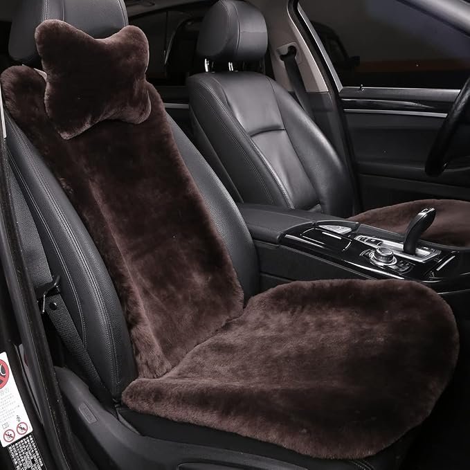 OGLAND 100% Natural Fur Sheepskin Universal car seat Covers for seat Cushion Accessories Automobiles (3 Pack Front, Teak)