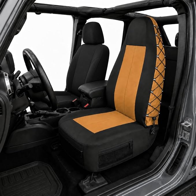Coyote Tan Black Canvas Seat Cover for Jeep Wrangler JL/JK/TJ/YJ 2-Door/4-Door, Durable Tactical Multi Pockets Trucks Seat Protector Front Rain Defender 1PC