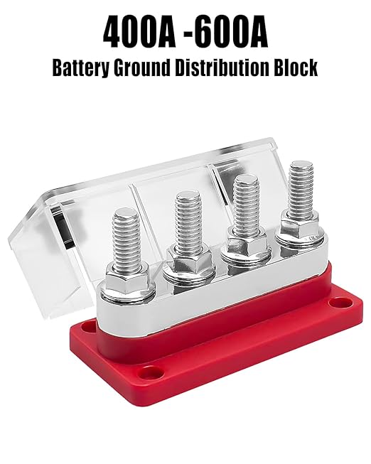 GMURA Bus Bar Terminal Block 12-48V 600A Max, 4 M10 Studs (3/8") High Current Copper Busbar Terminal Block with Waterproof Cover, Marine Heavy Duty Bus Bar Power Distribution Block, Red
