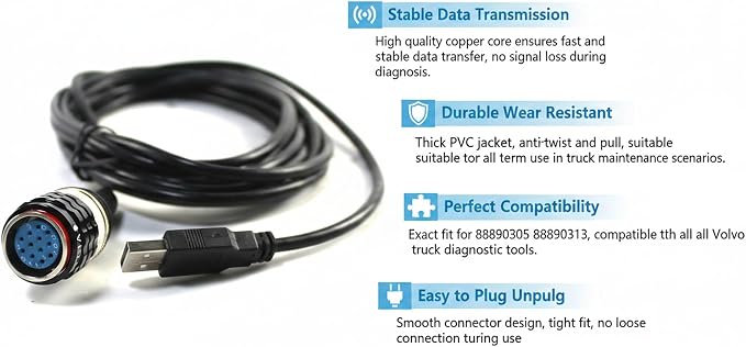 88890305 88890300 88894000 USB Cable for Volvo Vocom Diagnostic Adapter Tool, Scanner Cable Replacement for Truck & Excavator ECU Connection
