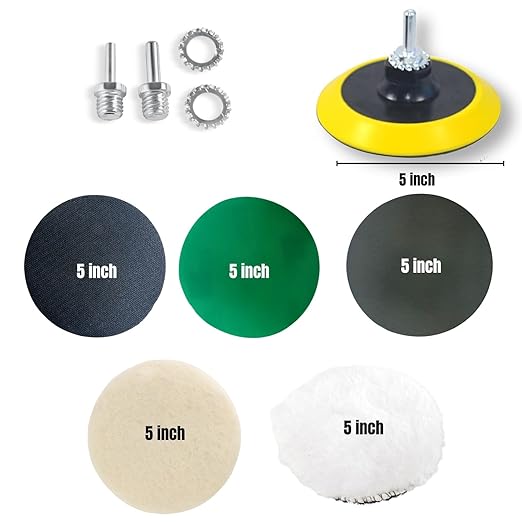 LINE10 Tools Glass Epoxy Resin Plastics Sanding Polishing Kit for Drill or Orbital Sander Polisher or Angle Grinder with Hook and Loop Backing Plate Wool Felt Buffing Pads Green Film Wet Dry Sandpaper