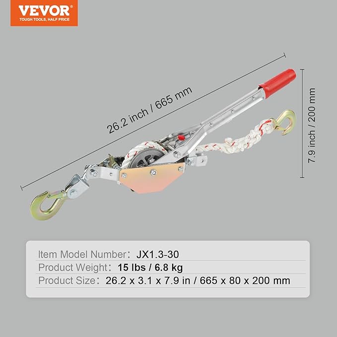 VEVOR Rope Puller, 3/4 Ton (1,653 lbs) Pulling Capacity, with 100' of 0.6" dia. Rope, 2 Hook, Come Along Winch, Heavy Duty Ratchet Power Puller Tool for Moving Boats, Securing Items, Transporting Logs