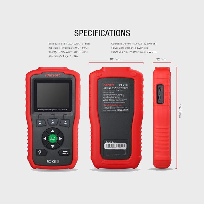 Auto Diagnostic Scanner iCarsoft FD V1.0 for Ford/Holden, ABS, SRS, Oil Service Reset ect (Red)