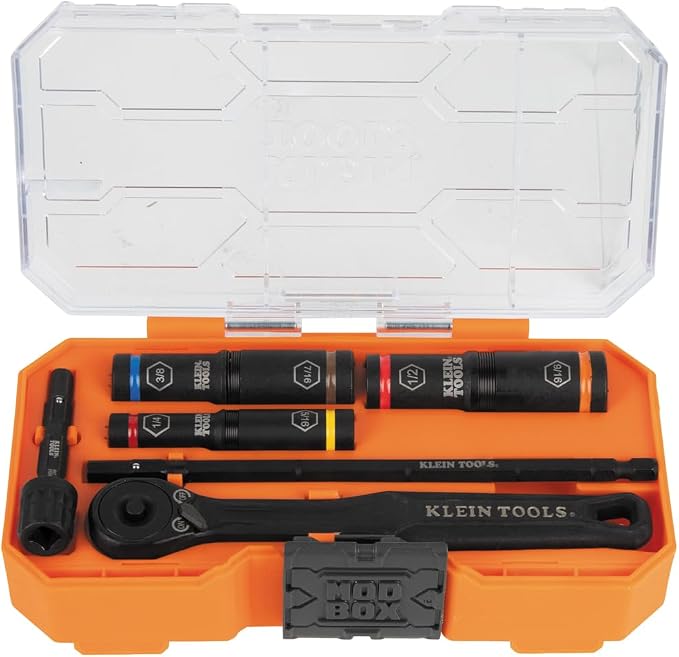 Klein Tools 65238 3-Piece Deep Impact Socket Set with Ratchet, Adapter, Case and 33801 40-Piece S2 Steel Phillips/Slotted/Square/TORX Bit Set with Nut Drivers, Extension, Case