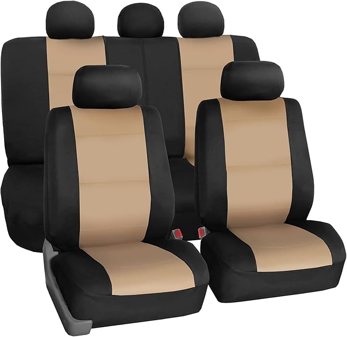 FH Group Waterproof Neoprene Car Seat Covers Full Set – Universal Fit Front & Split Bench Rear Seat Covers, Airbag Compatible Automotive Seat Protectors for Cars, SUVs,Vans, Beige