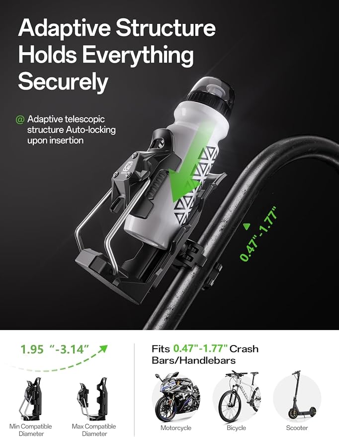 Kewig Anti-Theft Motorcycle Cup Holder, Adaptive Adjustbale Size Bike Water Bottle Holder for 1.95-3.14" Diameter Bottles – Universal Drink Holder for Stroller, Moto, Bicycle, Scooter, Wheelchair