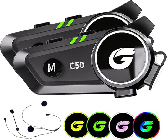 Motorcycle Helmet Bluetooth Headset with Stereo Sound, C50 2-Way 1000M Communication System Intercom Speakers with CVC Noise Cancellation, Music Call Control, IP67 Waterproof, 2 Pack