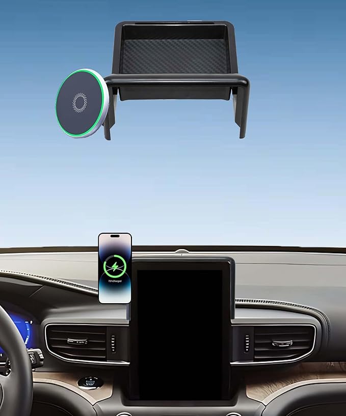 Car Phone Holder for Ford Explorer 2019-2024 Accessories Apply to 10.1 Inch Touch Screen 15W Fast Wireless Charger Screen Fixed Clip Cell Phone Mount with Dashboard Storage Tray