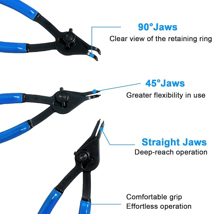12Pcs Snap Ring Pliers Set, Internal & External Circlip Pliers Kit | Heavy Duty Fixed Straight/45°/90° Jaw Tips, Retaining Snap Ring Pliers Set for 0.038" 0.047" 0.070" 0.090"