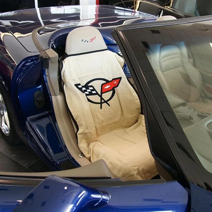 SR1 USA C5 Corvette Seat Cover Seat Towels - 100% Cotton - Interior UV Protection with Crossed Flags Logo for 1997-2004 C5 & Z06 Corvettes Accessories (Tan, Set)
