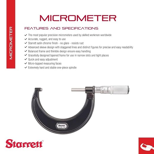 Starrett Outside Micrometer with One-Piece Spindle, Satin Chrome Finish and Advanced Sleeve Design - Quick and Easy Adjustment, 2-3" Range, .0001" Graduation - T436.1XFL-3