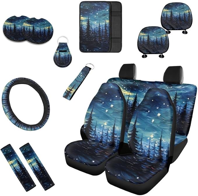 Starry Night Forest Hand Drawing 13 Pcs Car Seat Covers Full Set Steering Wheel Cover Starry Sky Art Painting Back Headrest Cover Coaster Keychains for Trucks Sedan SUV