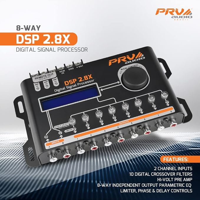 PRV AUDIO Car Audio DSP 2.8X Digital Crossover and Equalizer 8 Channel Full Digital Signal Audio Processor DSP with Sequencer Remote Relay