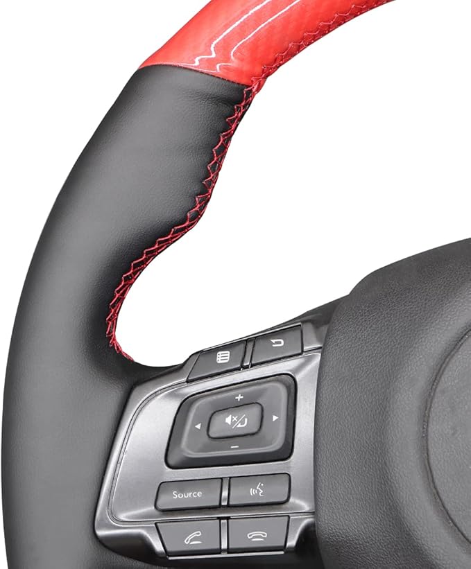 MEWANT Hand-Sewing DIY Red Glossy Carbon Fiber + Black Genuine Leather Car Steering Wheel Cover for Subaru WRX (STI) 2015-2019 / Levorg 2015-2019/ WRX Steering Wheel Cover Accessories