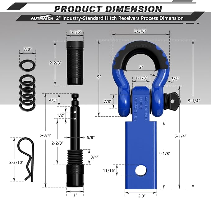 AUTMATCH Kinetic Recovery Tow Rope 7/8" x 30FT with Shackle Hitch Receiver 2 Inch, Heavy Duty Offroad Snatch Strap 35000Lbs for 4x4 Off-Road Vehicle, Truck, Trailer, ATV, UTV, Blue