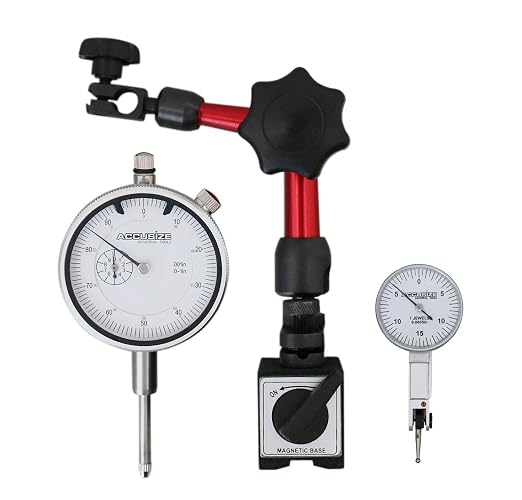 Accusize 3pc Dial Indicator, Test Indicator and Magnetic Base Set | 0-1 in x 0.001 in Dial Indicator, 0.03 in x 0.0005 in Test Indicator, 30 kg Magnetic Base, 0510-0518