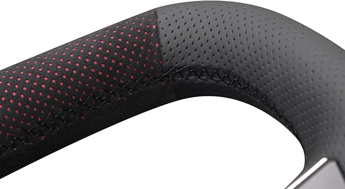 MEWANT DIY Black Perforated Real Leather Mesh Athsuede Red Layer Steering Wheel Cover for Tesla Model S Yoke Model X