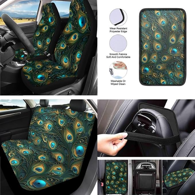 Peacock Feather Turquoise Relief Car Seat Covers Seat Cover Set of 13 Pack Peacock Hand Drawing Ultra-Soft Universal Fit for Cars Keychain Coaster for SUV Sedan Van
