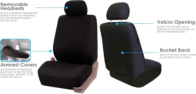 FH Group Car Seat Covers Flat Cloth Front Seats Only Black Automotive Seat Cover, Airbag Compatible Universal Fit Interior Accessories Cars Trucks SUV Combo Steering Wheel Cover & Seat Belt Pads
