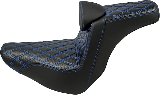 Motorcycle Seat Driver Passenger Seat with Backrests for Harley Low Rider Low Rider S ST 2018-up (Black with blue stitching)