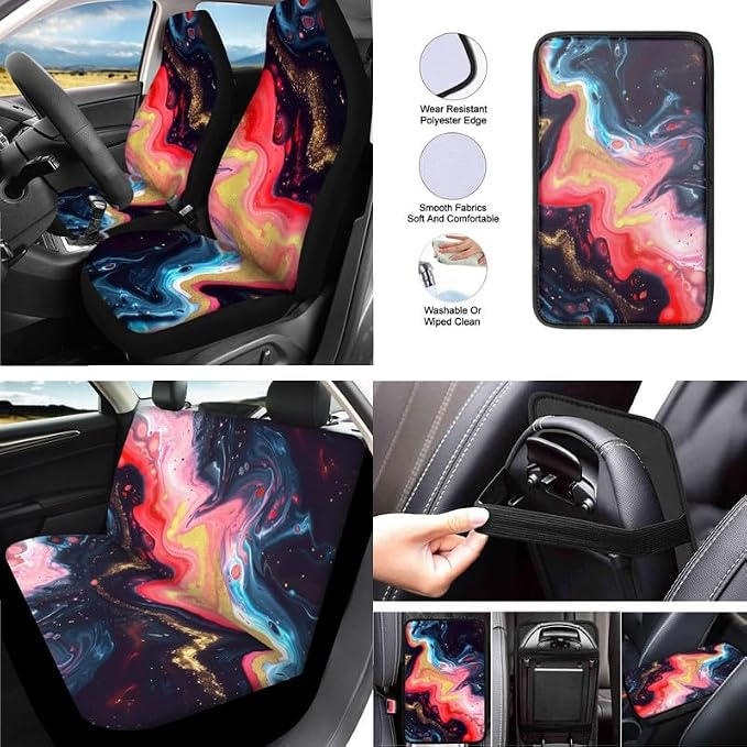 Fluid Art Marble Skin Gradient 13 Pieces Seat Covers Accessories Liquid Marbling Hand Drawing Steering Wheel Cover Seat Cover Full Set Seat Belt Shoulder Pad Car Cover