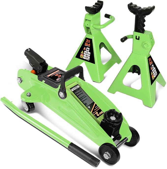 PM PERFORMOTOR Low Profile Hydraulic Trolley Service/Floor Jack Combo with 2 Ratchet Jack Stands, 2 Ton (4000 lbs) Capacity, Green,PM-TOL-FJ3P-GR