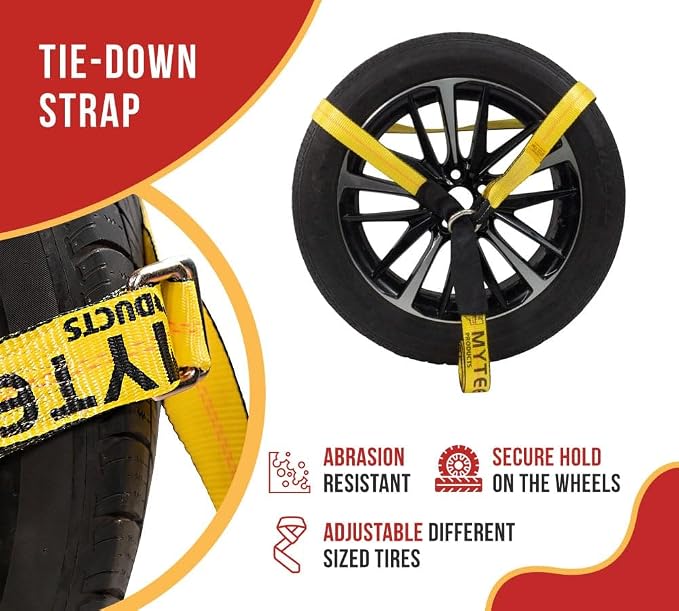 Mytee Products 2" x 12' Car Tie Down Ratchet Lasso Straps with Chain Anchor - 3,333 LBS WLL - Car Hauler Tire Straps for Trailers - Tie Down for UTV, Trucks, ATV