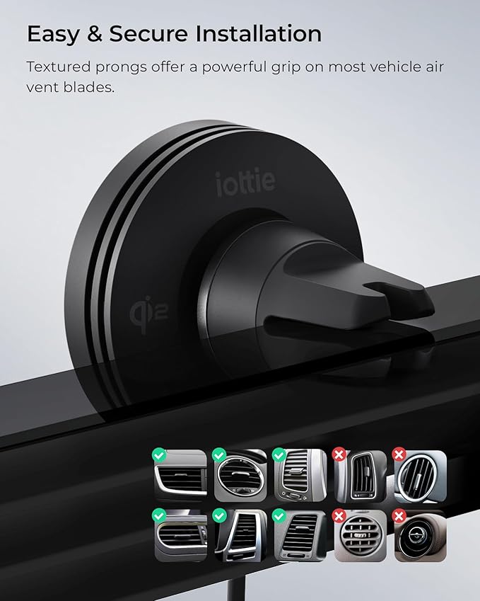 iOttie Velox Qi2 Mini Wireless Charging Car Mount - MagSafe Compatible Air Vent Phone Mount with 15W Charging for Qi2-enabled Smartphones Including iPhone 12,13,14,15,16 and 17. Car Charger Included.